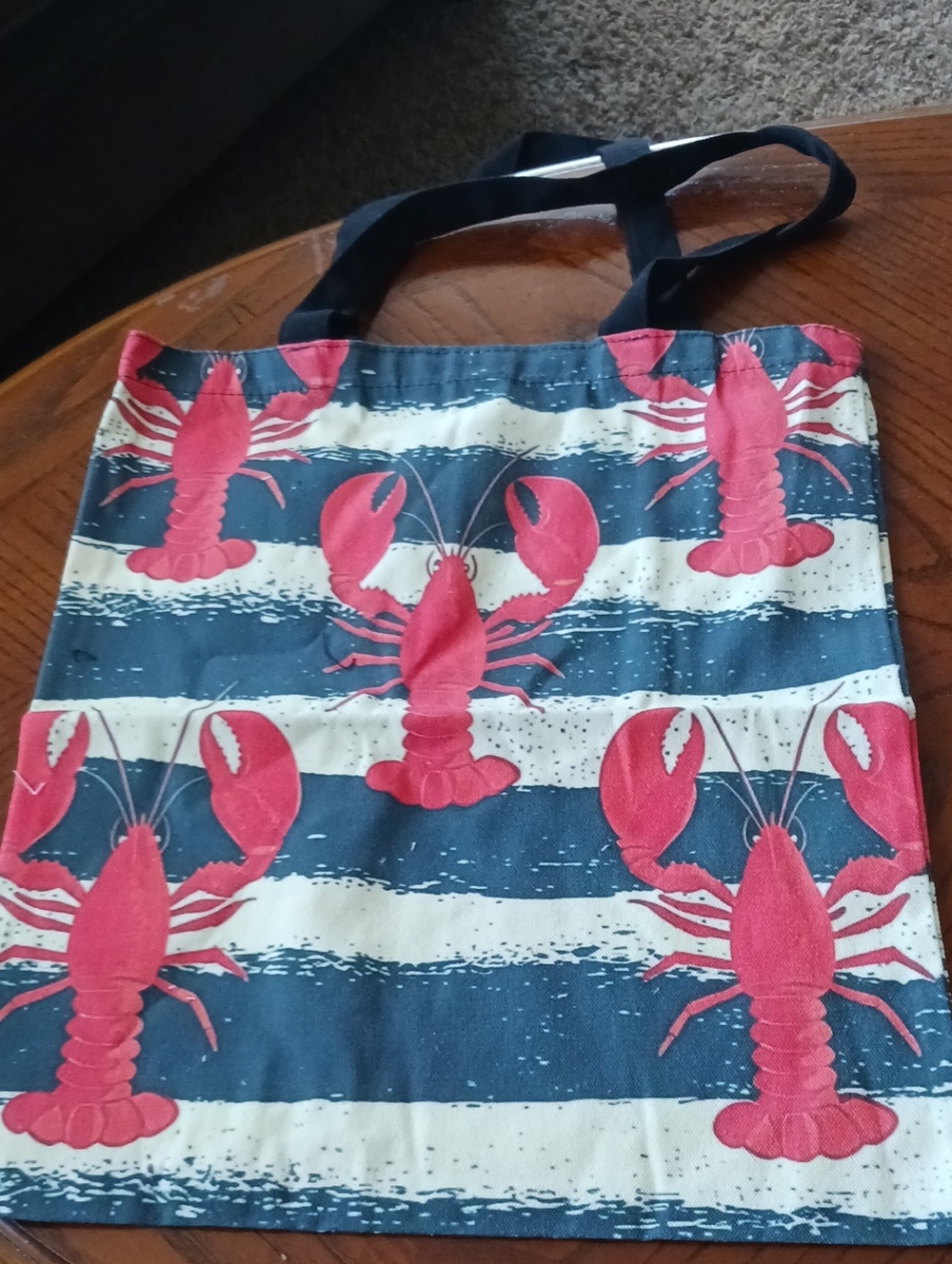 Canvas Tote Bag with Red Lobster Print - Nautical Stripe